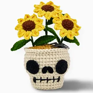 YShomy Crochet Skull Flower Pot with Sunflowers & Spider Spooky Halloween Stuffies Decor & Fall Gift Ornament for Thanksgiving & Christmas
