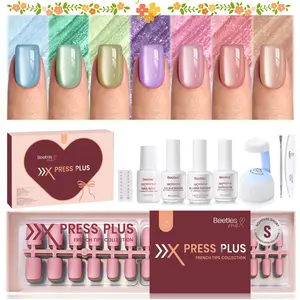 Beetles X Press Plus Cat Eye Press On Nails Tips Kit - Champagne Aurora French Tip Short Square Almond Shape Natural Acrylic Nail Tips for Effortless Beauty & DIY Manicures - Frenchtipnails Fall Nail Halloween Nail Black Friday Winter Nail Christmas Gift