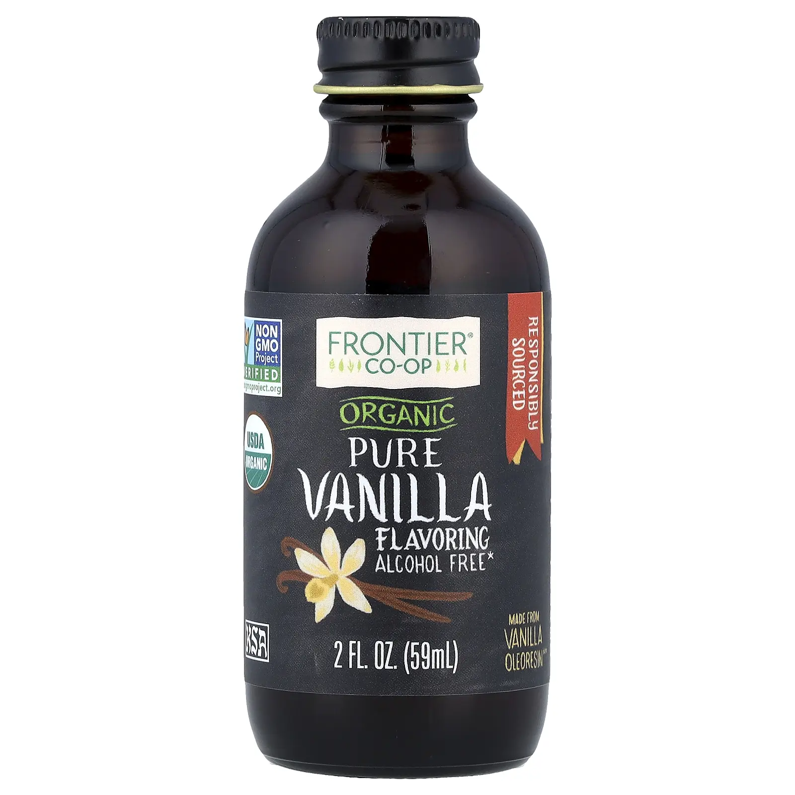 Frontier Co-op Organic Pure Vanilla Flavoring, Alcohol Free, 2 fl oz (59 ml)