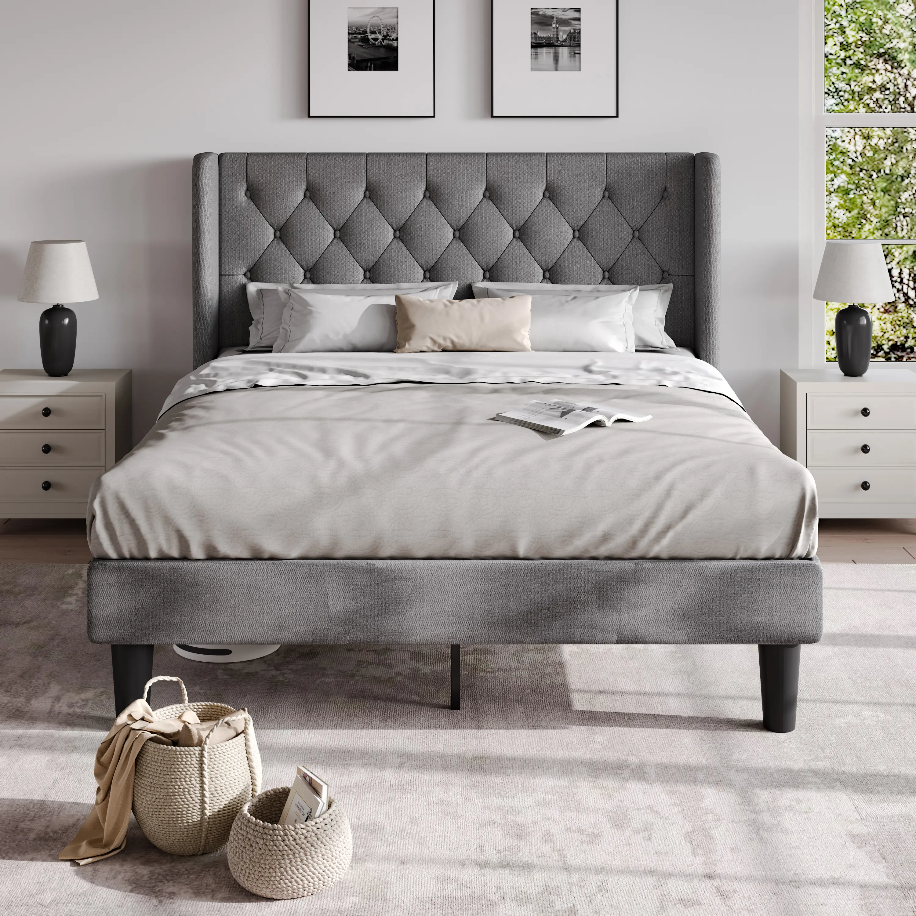 HOOMIC Classic Platform Bed Frame【Frame Only No Mattress】with Button Tufted Wingback Headboard,Upholstered Platform bed with Strong Wooden Slats Support,No Box Spring Needed,Full/Queen/King Size#SummerVibes