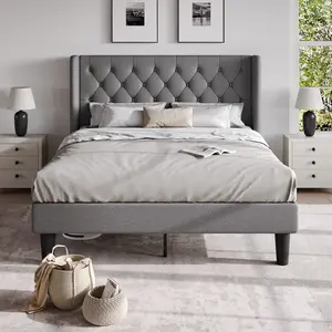 HOOMIC Classic Platform Bed Frame【Frame Only No Mattress】with Button Tufted Wingback Headboard,Upholstered Platform bed with Strong Wooden Slats Support,No Box Spring Needed,Full/Queen/King Size