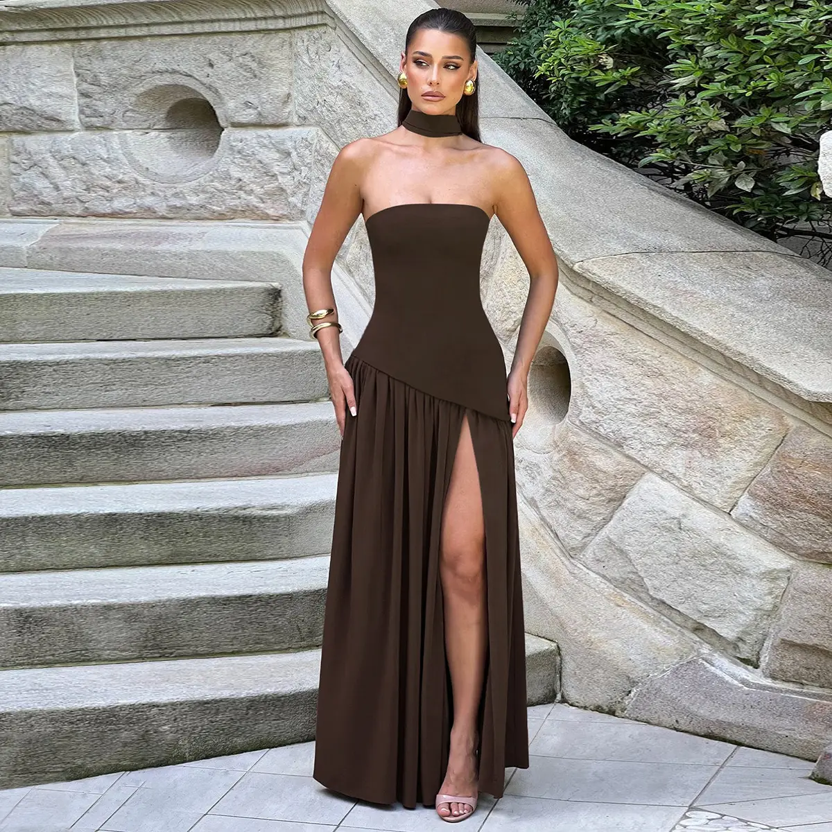 Solid Neck Scarf Ribbon Maxi Dress for Women's 2025 Summer Sexy Pleated High Slit A-Line Gown to Beach Party Club Dating Outfit Casual Elegant Dresses summerwins