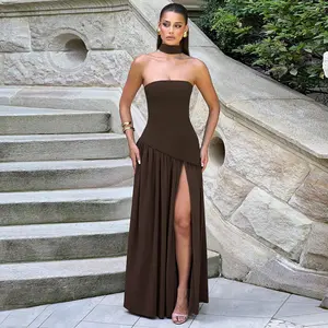 Solid Neck Scarf Ribbon Maxi Dress for Women's 2025 Summer Sexy Pleated High Slit A-Line Gown to Beach Party Club Dating Outfit Casual Elegant Dresses