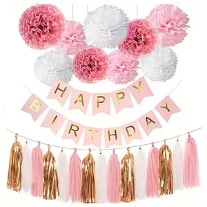 Birthday Party Decoration Set, Includes Happy Birthday Banner, Paper Balls, Fringe Flower Garlands, Perfect for Party Decorations, Home Decor Ornaments, Party Decoration Supplies
