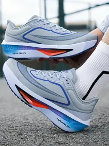Men'S Letter & Striped Print Running Shoes, Sporty Running Shoes, Breathable Lightweight Mesh Non-Slip Wear-Resistant Athletic Sneakers, Shock Absorption For Jogging/Walking, Casual Daily Wear Outdoor Sports All-Day Comfort Footwear