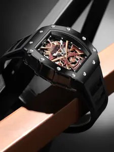 Onola Men's Classic Barrel Automatic Mechanical Watch, Analog Mechanical Watches, Luxury Business Silicone Night Glow Waterproof Sports Wristwatch, Daily Wear Gift, Luminous Analog Watch, Mechanical Style Watches