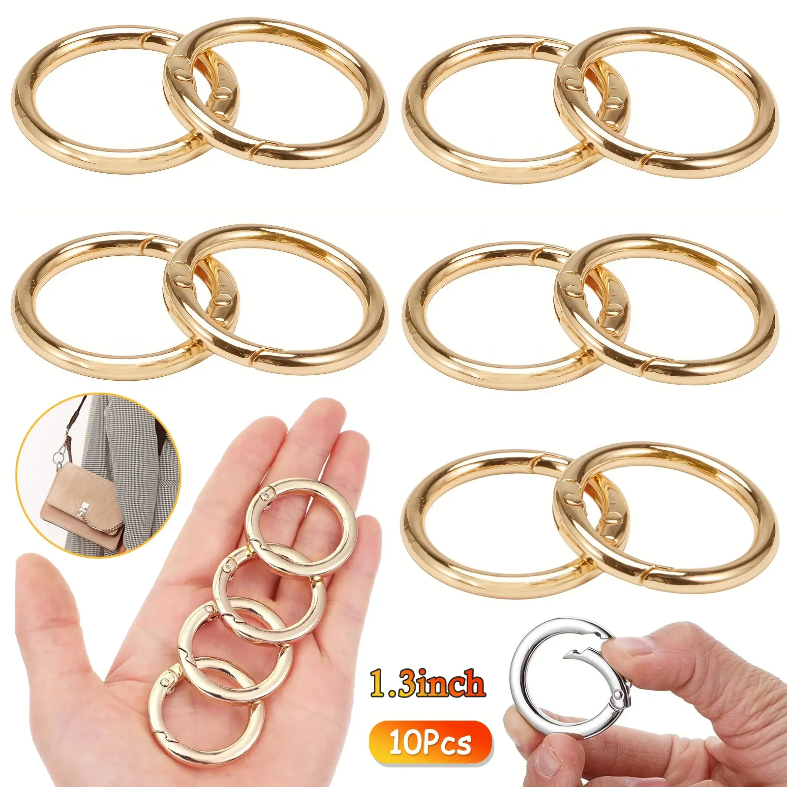 10 Pcs 1.3 Inch Metal Spring O Rings Clip Keychain, Round Carabiner Clip for Keys, Buckle, Bags Purses, Keyrings Snap Hook Rings Clip Replacement Paracord Keychain Lanyard Leather DIY Crafts Keychain Attachment, Keychain Accessories