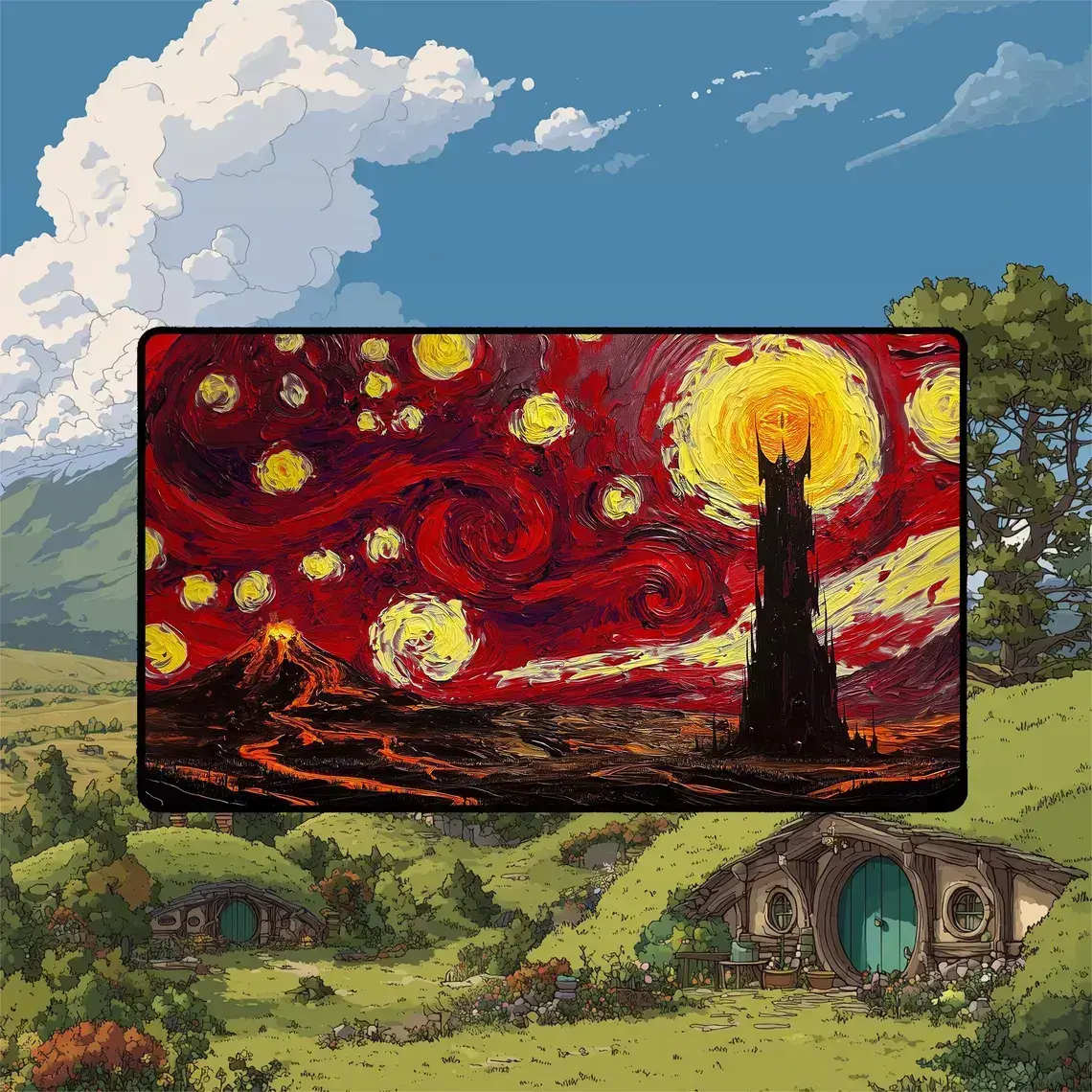Starry Mordor Playmat | Barad-dur and Mount Doom Landscape With MTG Zones, Gaming Mousepad Play Mat of TCG