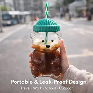 Portable Bear Glass Cup 20oz with Lid & Straw, Leak-Proof Iced Coffee Tumbler for Travel, Work & School, Cute Reusable Drinkware for Juice & Milk, Perfect Children’s Day Gift