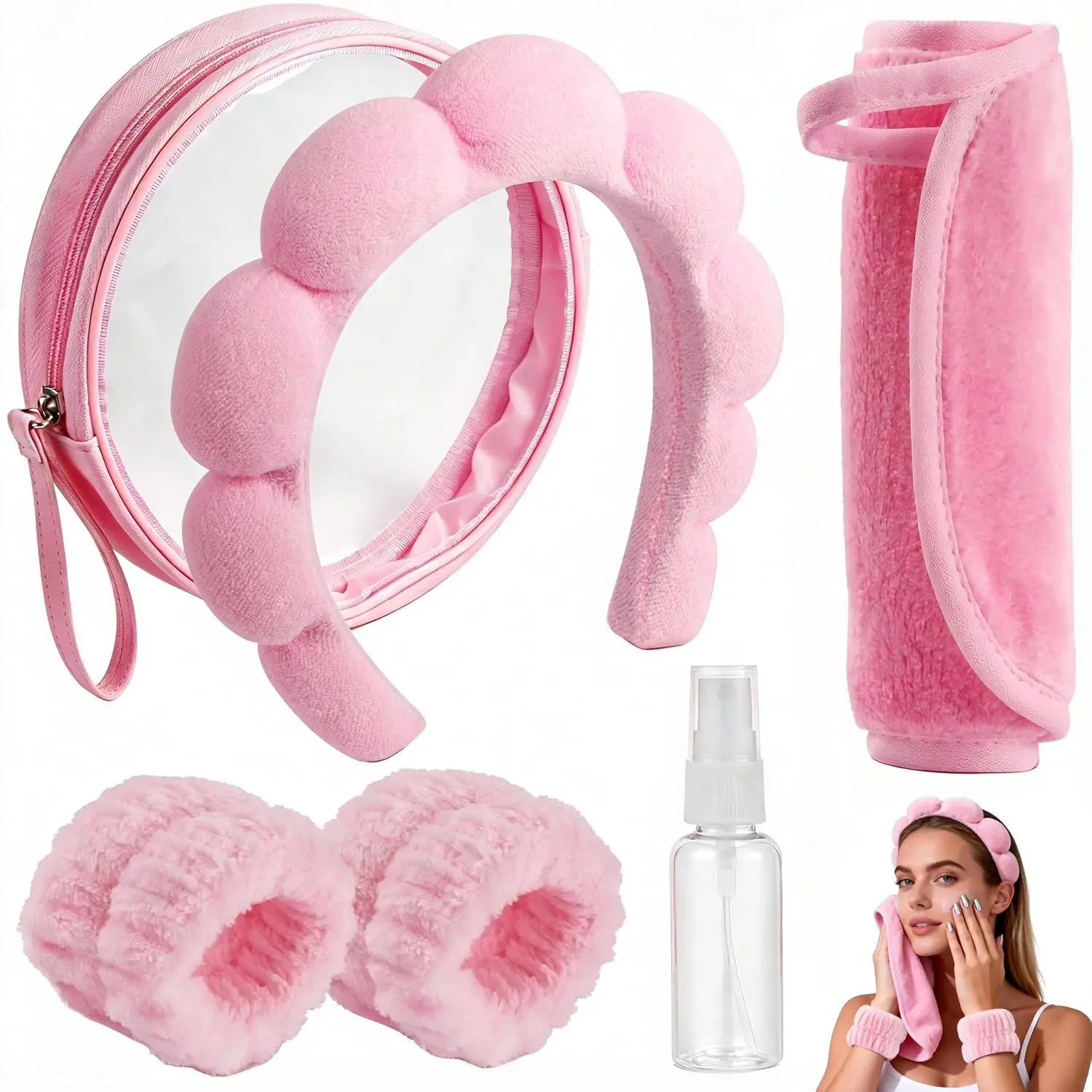 Spa Headband for Washing Face, Skincare Headband Wristband Set for Facial Mask Skin Care, Makeup Remover Towel Cloth Small Spray Bottle with Travel Makeup Bag Gifts for Women - Pink