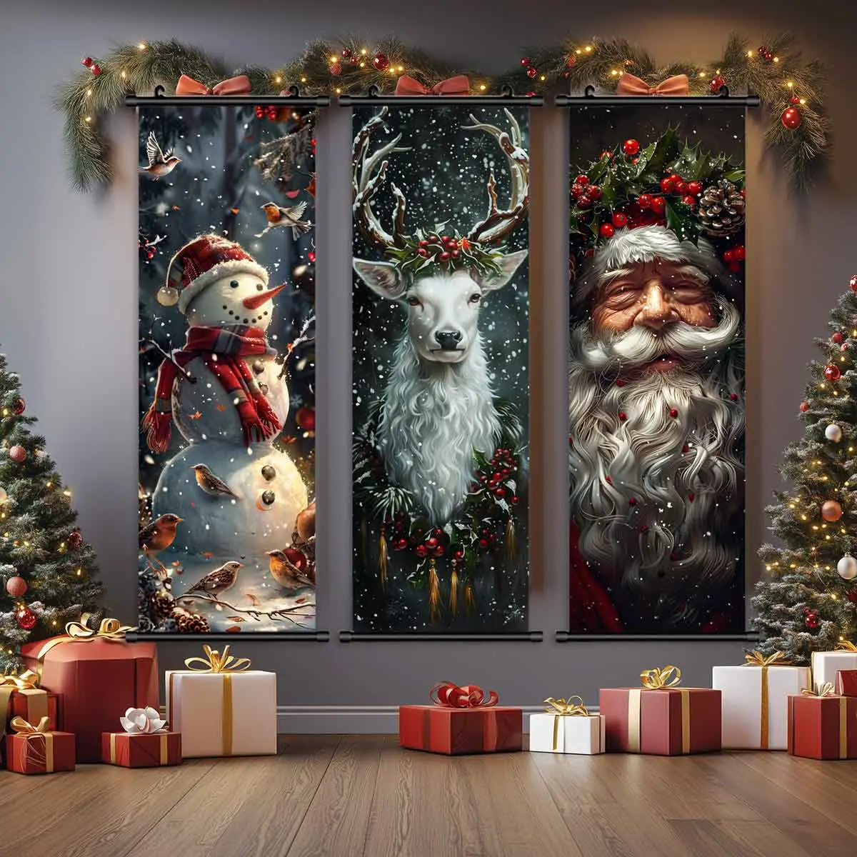 3-Piece Christmas Western Wall Art Set, Cute Snowman & Santa Claus Posters, Modern Home Decor, Decoration Items, Art Work For Wall Decor, Waterproof HD Prints, Unframed Art Print, Gift Box Included