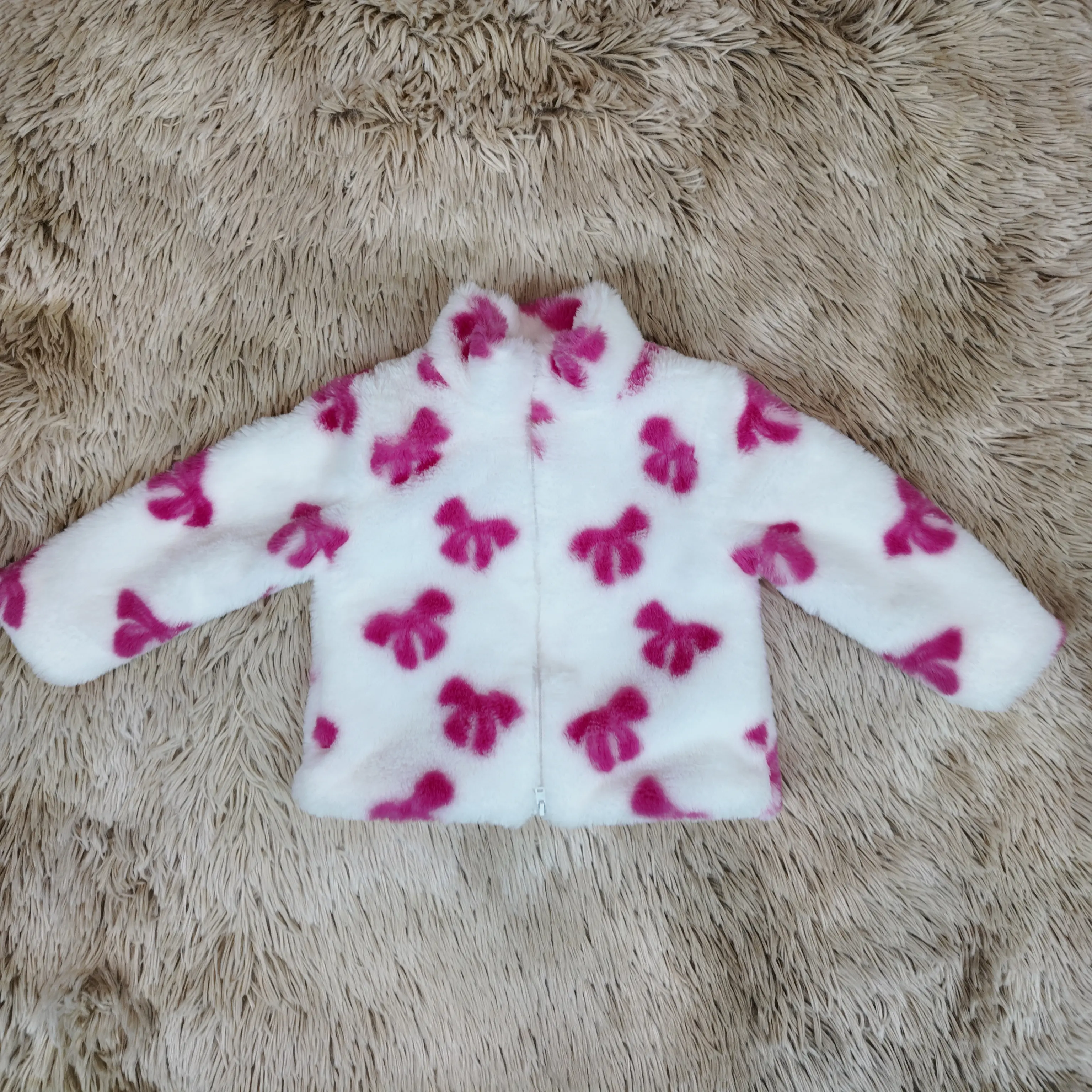 Girls' Long-Sleeve Pink Bow Double-Ended Zipper Warm Fur Jacket, Kids' Fall Winter Coat, Warm Jacket