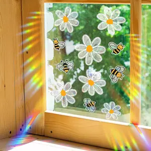 Daisy & Bee Pattern Static Cling Window Sticker (2pcs/set), Double Sided Window Decal, Decorative Sticker for Home Living Room Bedroom, Ornaments