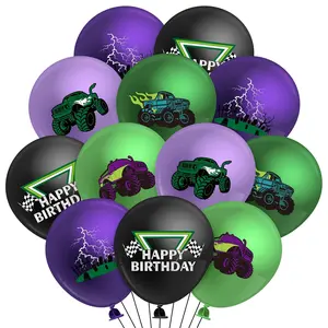 Monster Truck Birthday Balloon - 50Pcs Green Purple Monster Truck Lightning Print Latex Balloon Kit For Kid Boy Baby Shower Happy Birthday Themed Party Decoration Photo Prop Backdrop Supply