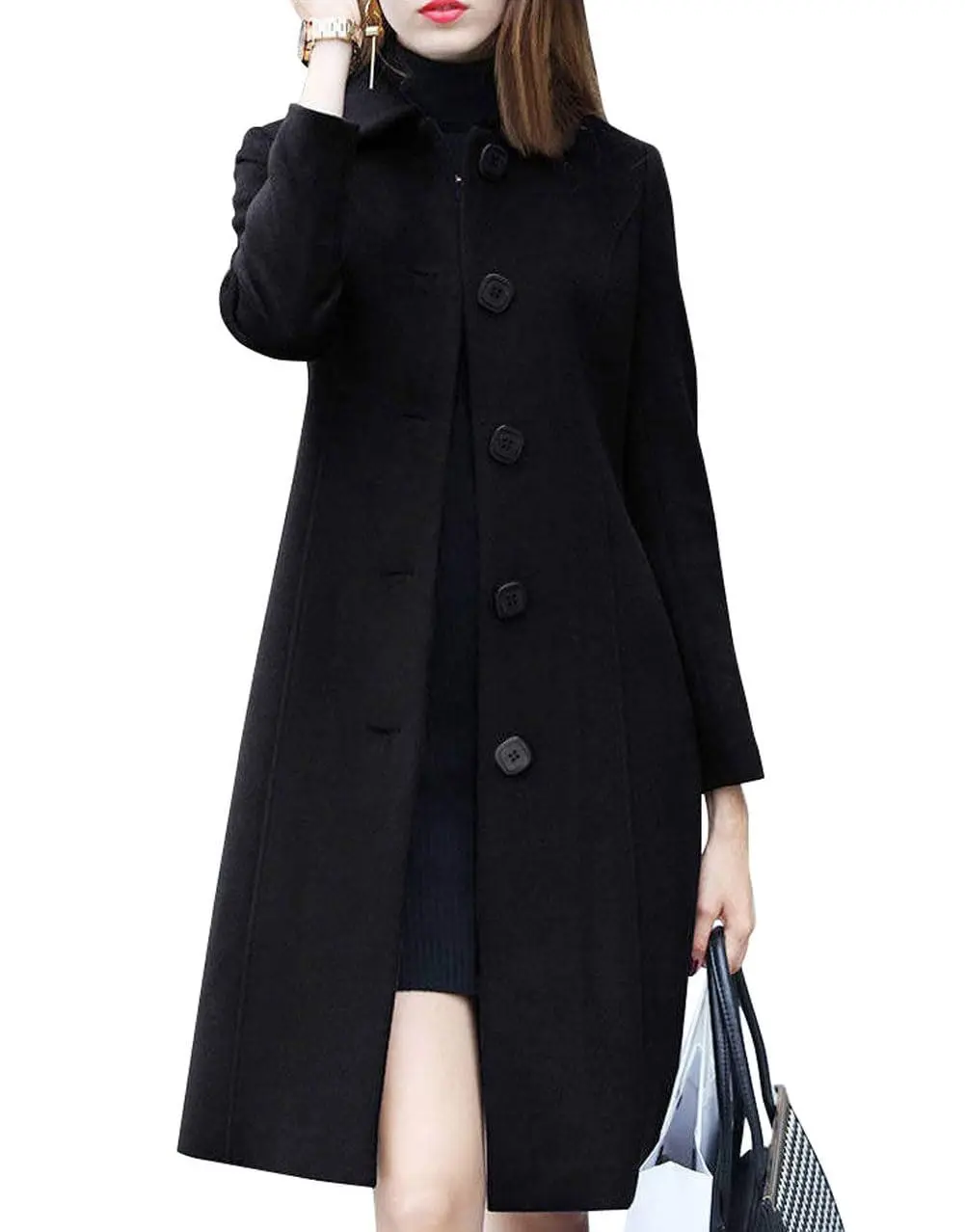 Chouyatou Women's Comfy, Feminine, Simple-Fit Fall Winter Single-Breasted Long Wool Overcoat, Versatile for Pairing with Pants, Skirts, Tops, Sweaters to Elevate Your Style, Jackets, Solid, Long Sleeve, Elegant, Lady, Button, Casual, Sweatshirts