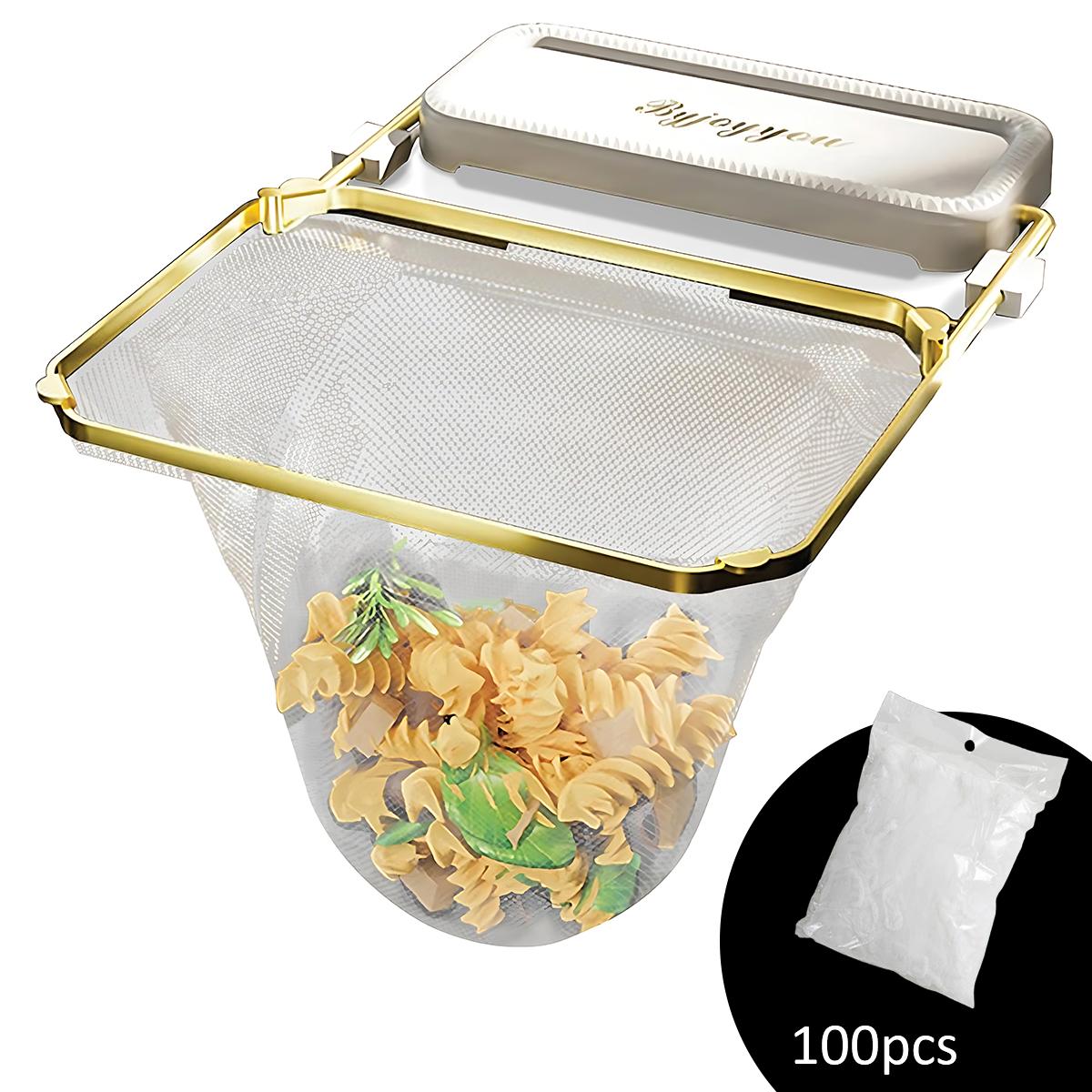 White Foldable Kitchen Sink Filter Basket, Rotatable Drain Strainer with 100 Disposable Mesh Bags, Food Catcher Gadget