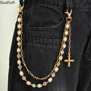 2026 Model Gothic Cross & Pearl Denim Pant Chain — Double-Layer Gold Chain, Hip-Hop Street Style Wallet & Key Chain, Unisex