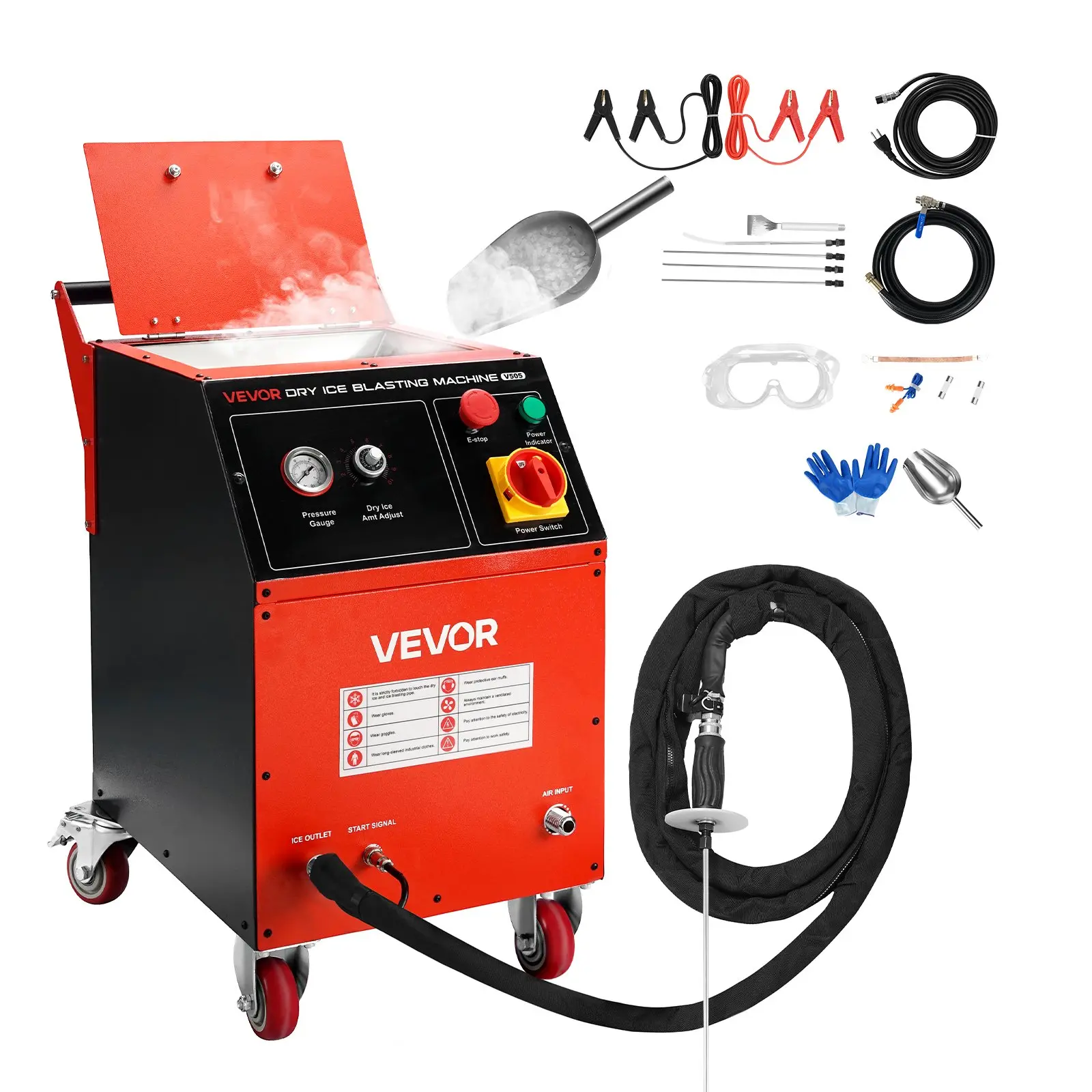 VEVOR Dry Ice Blasting Machine, 11LBS (5KG) Capacity Dry Ice Cleaning Machine with 4 Nozzles, Adjustable Pressure Dry Ice Amount, Movable Blaster Cleaner for Automotive Ship Aviation Chemical, 120V