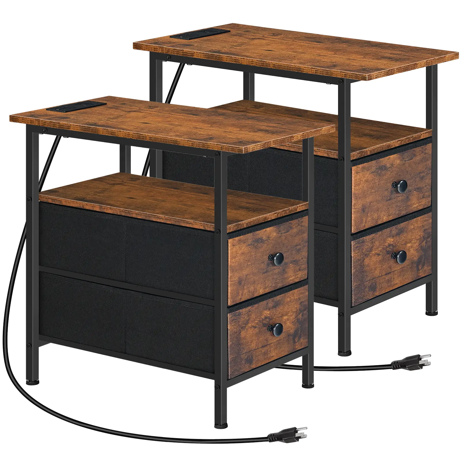 HOOBRO End Table, Set of 2 Narrow Side Tables with Charging Station, Nightstand with 2 Non-Woven Drawers, Slim Sofa Table, Rustic Brown and Black#springtok