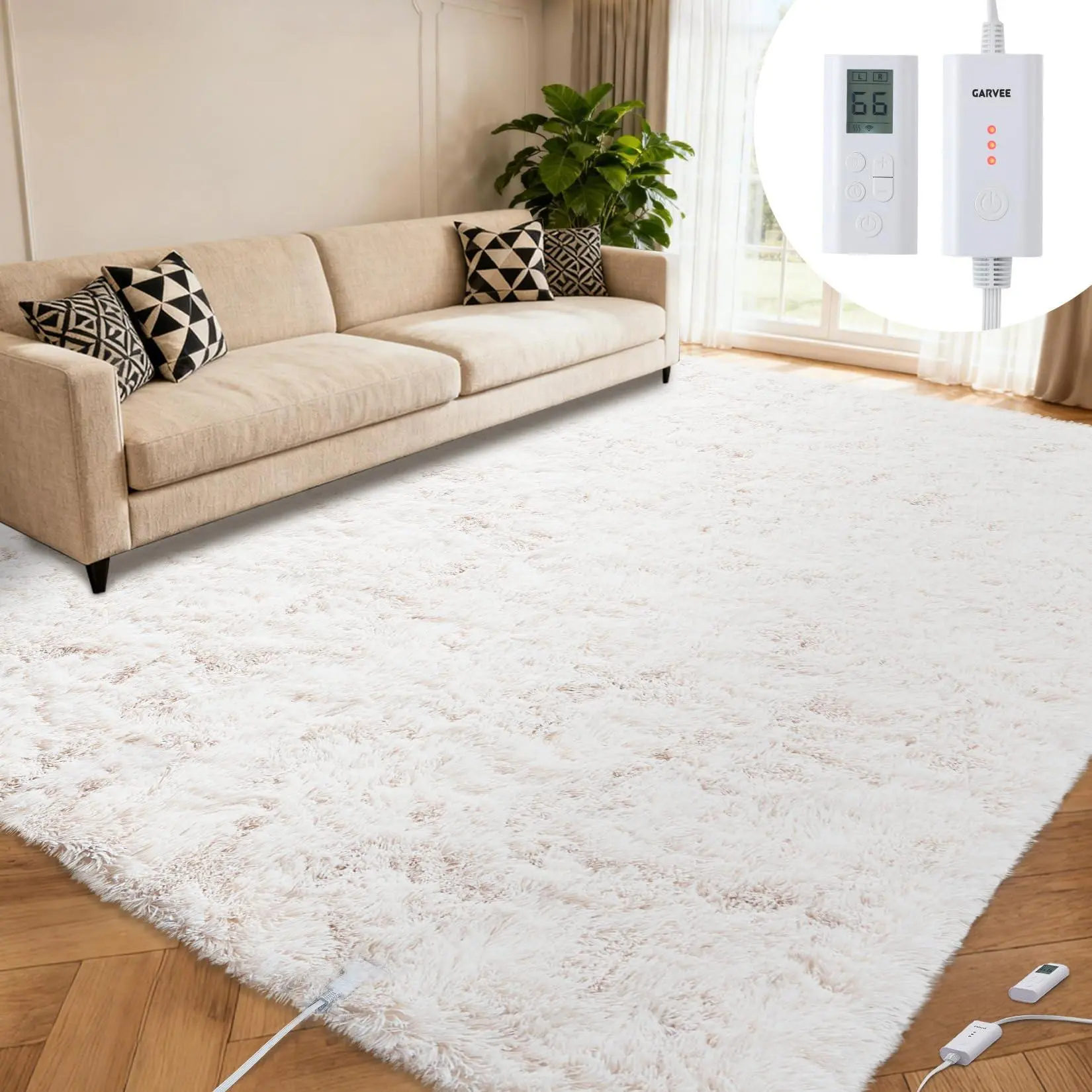 8x10 ft Wireless Heated Floor Mat, Heated Rug Gaming Rug with 6 Heat Levels & 10H Auto Off, Soft Plush Heating Carpet Foot Warmer for Living Room Bedroom Office Playroom, White