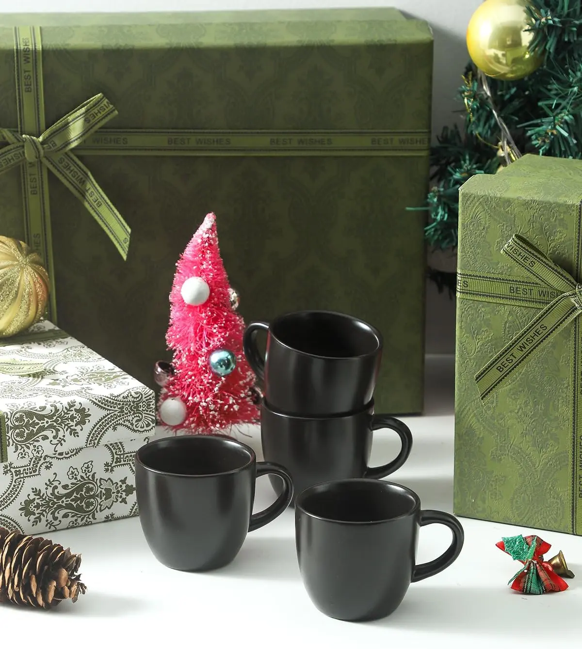 HASENSE 5oz Stackable Solid Ceramic Espresso Mugs Set of 4 - Black Non-Customised Mini Demitasse Cups with Curved Handle, Dishwasher Safe Kitchen Drinkware for Coffee, Yes for Holiday Gift (Marked with Brand Info), Kitchen Storage, Durable