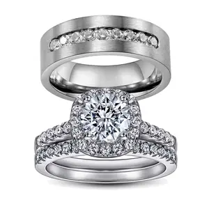 Couple Rings White Gold Plated 925 Sterling Silver Ring Round 1CT AAAAA Zirconia Women Wedding Ring Sets Men Titanium Steel Ring