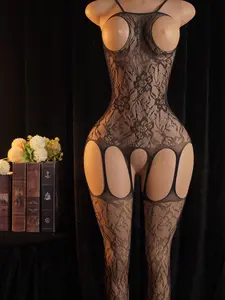 Women’s Black Lace Cutout Bodystocking One Piece Fishnet Sleeveless Nightwear