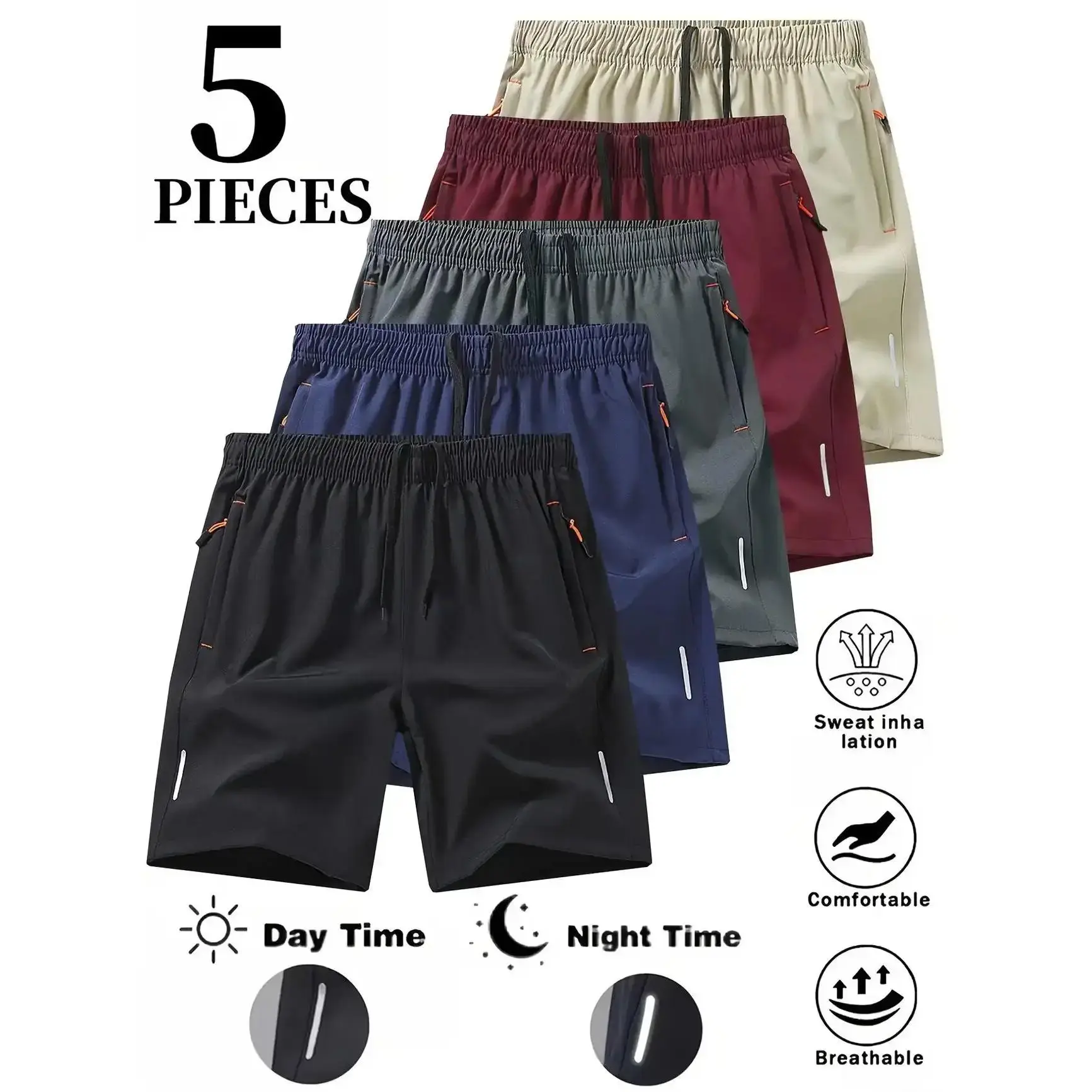 Mr.Pink Men's 5-Pack Dry-Fit Body-Fitting Solid Color Athleisure Gym Shorts - Mens Clothing, Breathable Bottoms with Zippered Pockets, Drawstring Waist, Multi-Size, Pocketed for Gym & Outdoor Wear,father'sdaygifts
