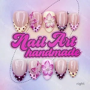 Delicatething  Y2K Style Short Almond Nail Set, Handmade Nail Art Wearable Nails with Carving, Spots, French Design, Includes Adhesive Gel, Dead Skin Pusher, Scrubber, Nail Accessories