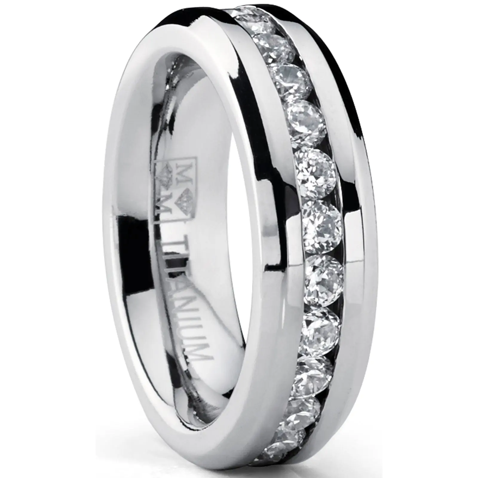 Women's Elegant Genuine Solid Titanium Ring, 2.4 Carats Channel Set Cubic Zirconia Designs, 6MM Wedding Ring, Sizes 4-9