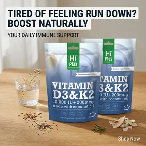 HiPlus 2-Pack Vitamin D3 & K2 10,000 IU + 200 mcg Promotes Bone Health & Supports Immune System, Premium High Dose Vitamin Daily Essential, Coconut Oil Formula, 300 Softgels