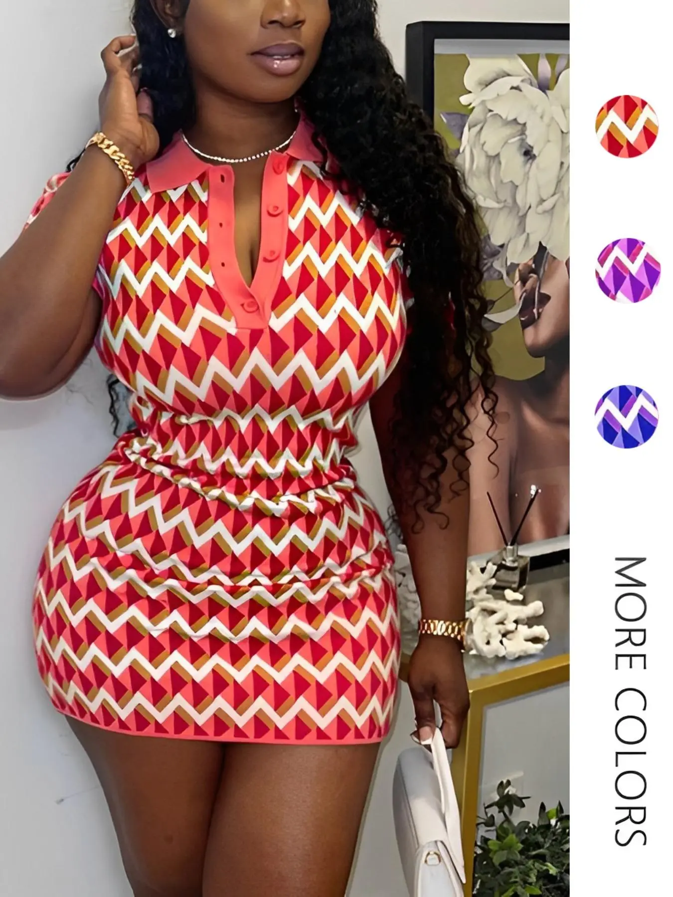 Women's Chevron Print Button-Front Bodycon Mini Dress, Sleeveless Polo Neck Summer Dress for Daily Wear, Casual Chic Outfit, Bodycon Shirt Dress, Casual Elegant Dress