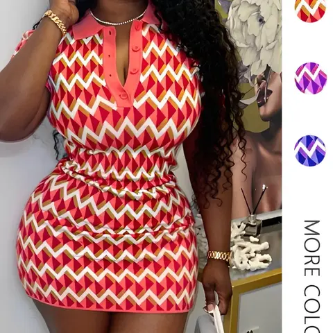 Women's Chevron Print Button-Front Bodycon Mini Dress, Sleeveless Polo Neck Summer Dress for Daily Wear, Casual Chic Outfit, Bodycon Shirt Dress, Casual Summer Dresses
