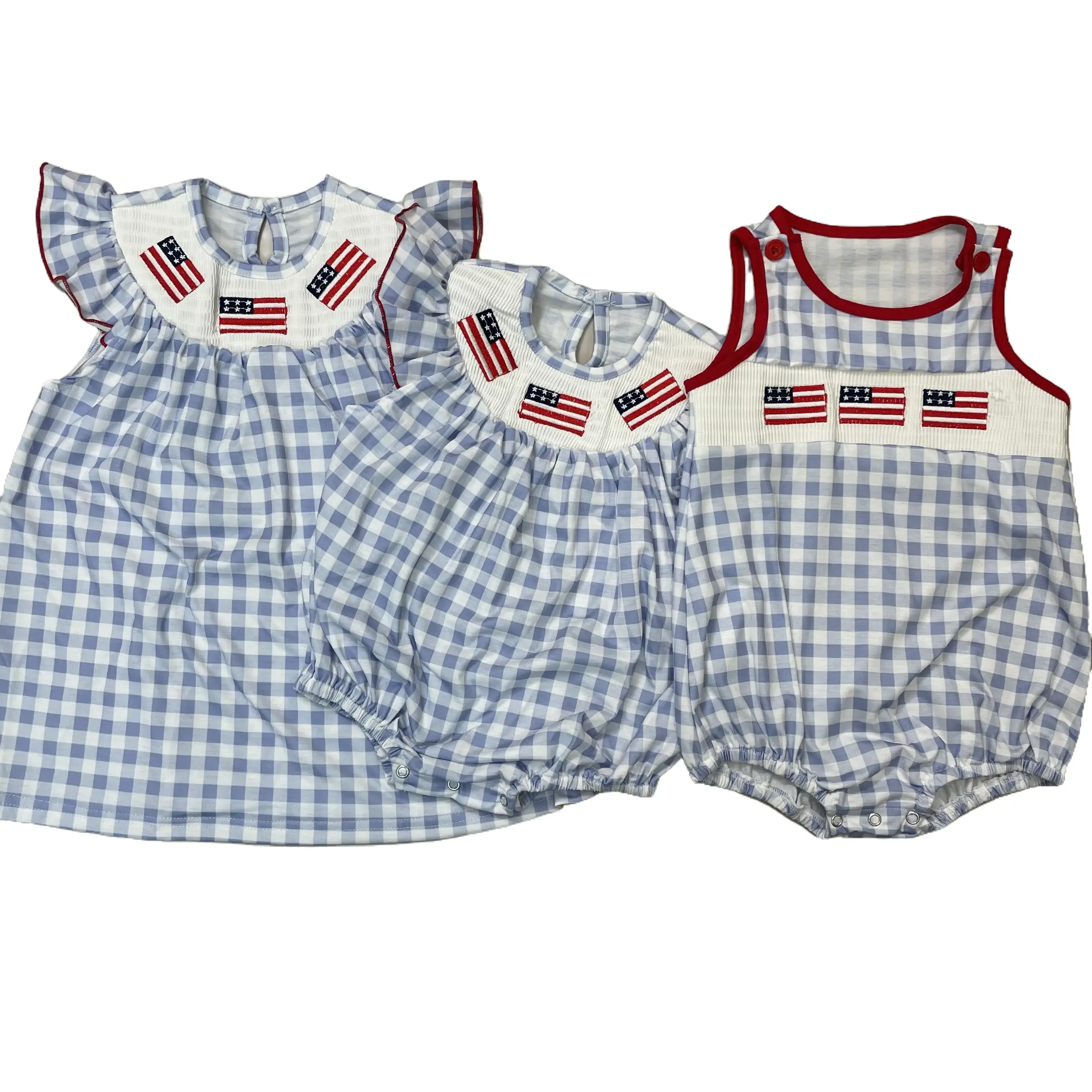Girls' High Quality Cotton Blend Long Sleeve Flag Smock Dress - Slim-Fitting Midi Length, 4th of July Patriotic Wear, TTS, Machine Washable, Casual Wear, Cute
