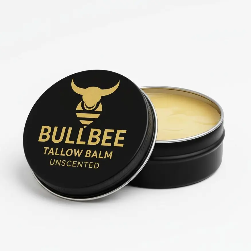 BULLBEE Beef Tallow Balm Moisturizer for Men – Grass-Fed Beeswax & Jojoba Oil Formula for Dry Cracked Sensitive Skin USA Made 2oz 4oz