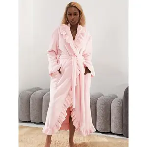 Elegant Women’s Long-Sleeve Bathrobe, French Terry Warm Robe with Pockets, Thick-Fit Loungewear for Autumn and Winter