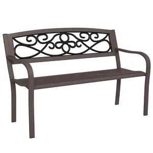 50" Outdoor Bench – Metal Garden Bench with Floral Pattern Backrest. 528 lbs Capacity. Weather-Resistant Powder-Coated Steel. Ergonomic Curved Seat. Brown