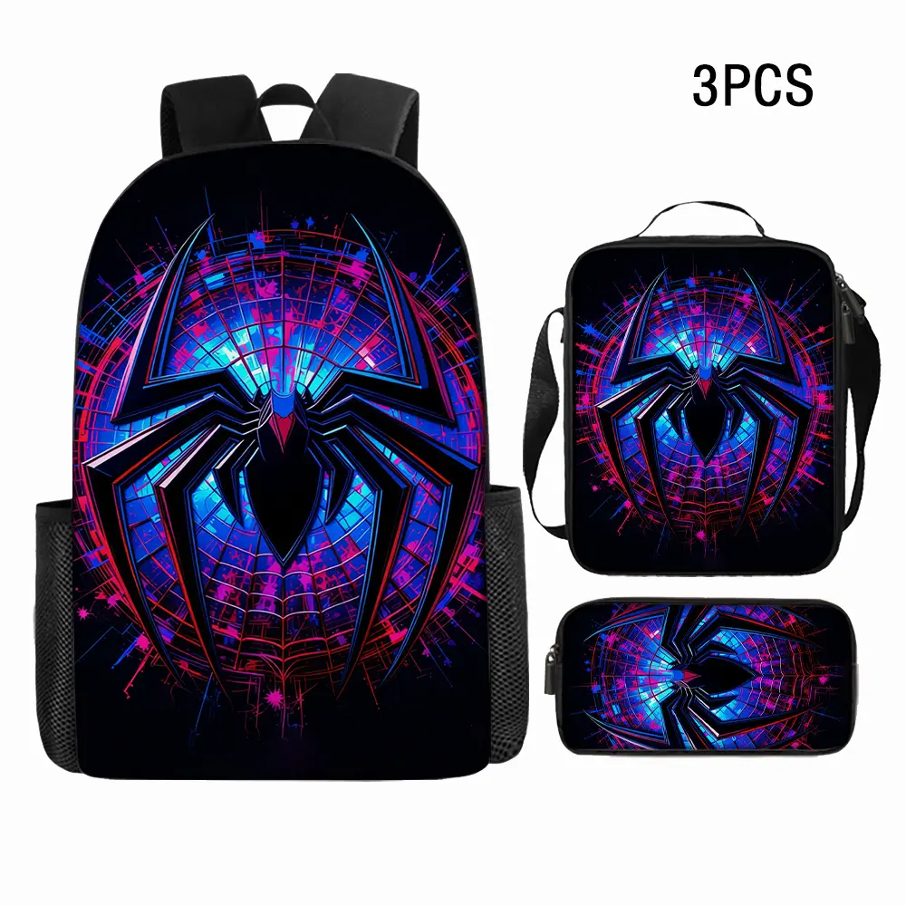 Durable Water Resistant 3-Piece Backpack Set for Kids, Lightweight School Bag with Lunch Box, Featuring Neon Glitch Spider Logo Full-Print, Red-Blue Cyber Web Splatter on Black Background for Superhero Fans Daily School & Casual Use