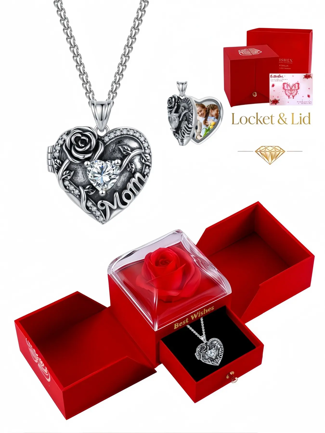 Mom·Rose Heart Vintage rose heart photo locket necklace, exquisite shiny gem design. Paired with surprise double-door preserved rose jewelry box. Ideal gift for birthdays, Mother's Day and Valentine's Day.