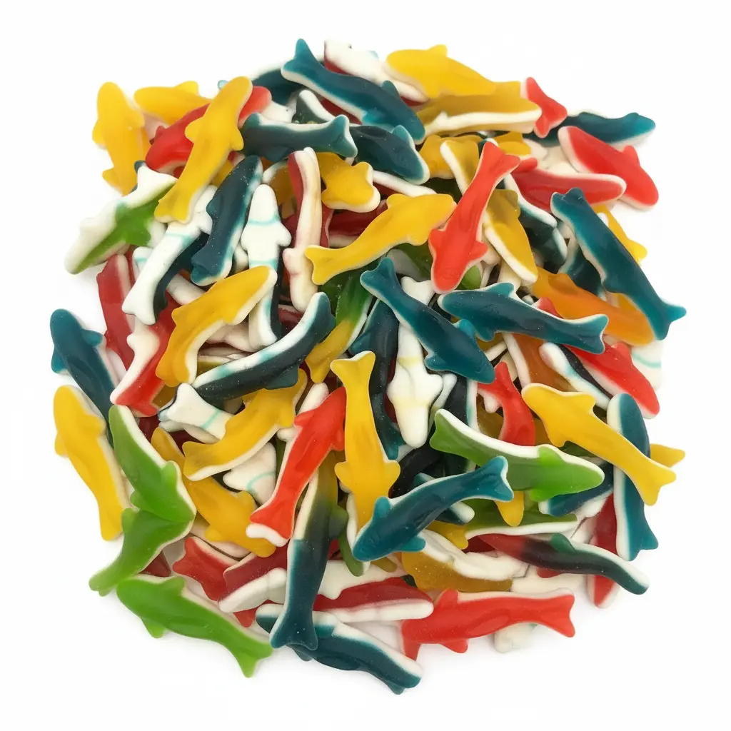 Colorful Gummy Sharks Candy Assorted Fruit Flavors Sweet & Chewy Gummi Fruit Flavored Treats Colorful Gummy Sharks Candy Assorted Fruit Flavors Sweet & Chewy Gummi Fruit Flavored Treats