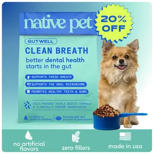 Native Pet GutWell Clean Breath - Dog Breath Freshener & Dog Dental Powder - Teeth Cleaning to Reduce Plaque & Tartar - Promotes Fresh Breath with Targeted Triple-biotic Dental Care Blend