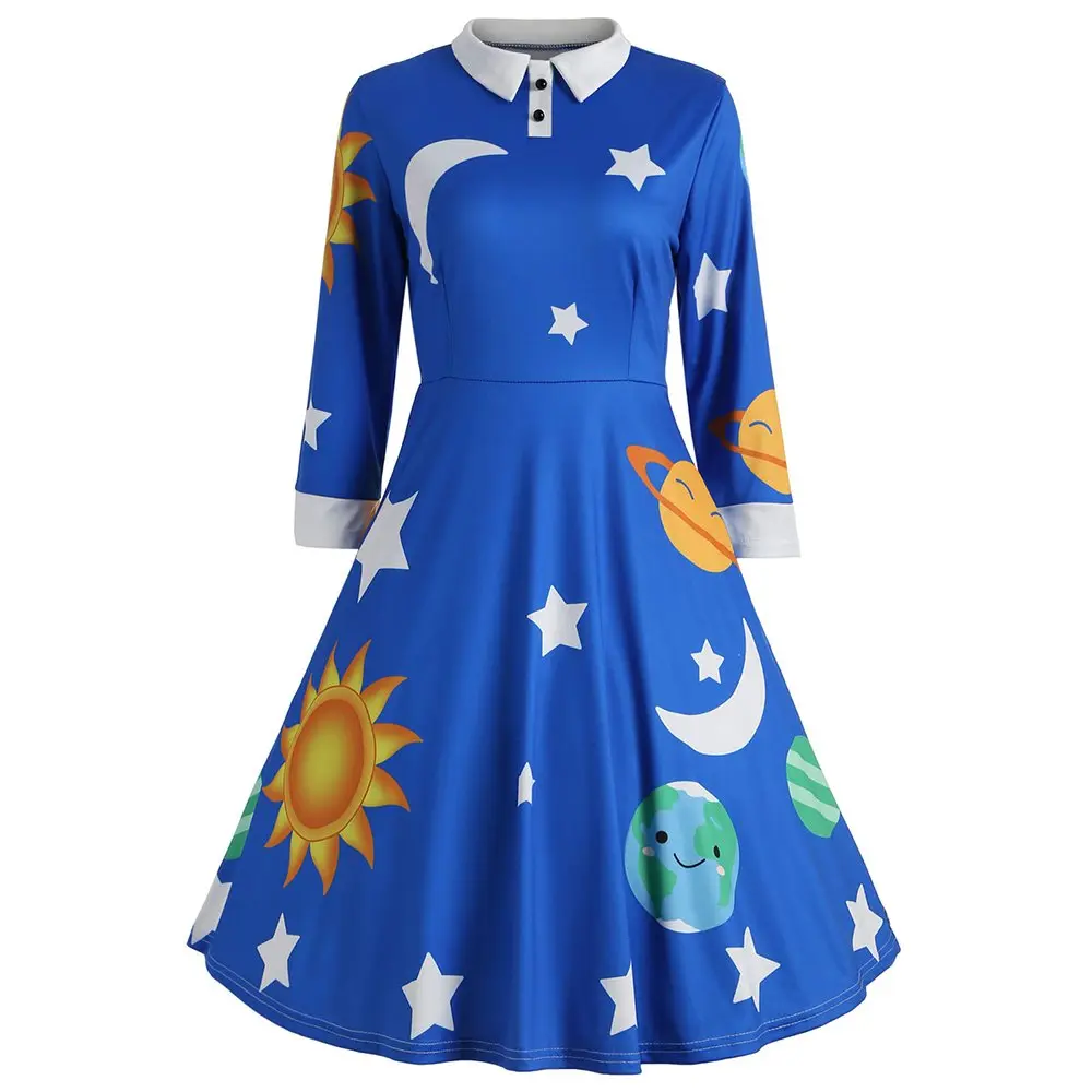 Women's Halloween Costume Clothes - Cute Miss Frizzle Dress with Peter Pan Collar, Space Planet Design