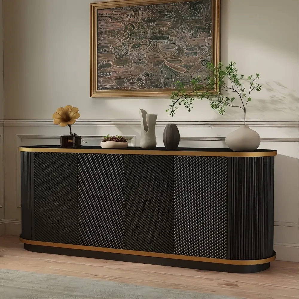 Bellemave 63" Diagonal Fluted Sideboard Cabinet with Storage, 4-Door Gold-Trim Buffet Credenza TV Stand, Black Faux Marble-Top Console Table for Dining Room, Living Room