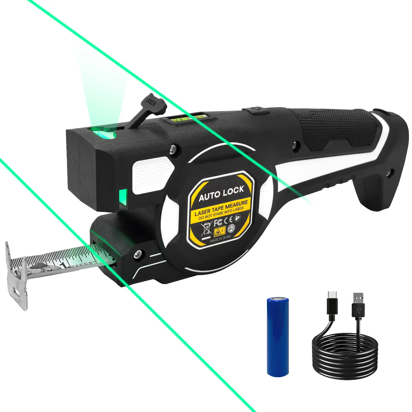 【Summerfinds】VERVEWAVE Laser Tape Measure - 16ft Auto-Lock Retractable, Green Alignment Laser Line, Built-in Bubble Level, USB-C Rechargeable, Metric & Imperial Layout Tool for Picture Hanging, Ceiling Marking