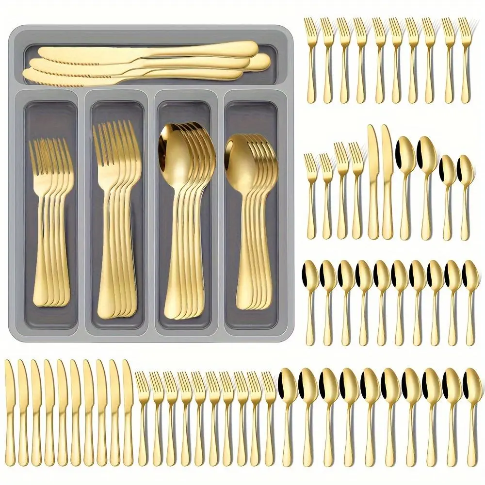 Stainless Steel Gold Cutlery Set, Flatware Set, Cutlery Service Set, Forks Spoons And Knives Set, 60pcs/set, Tableware Set with Drawer Storage Box for Home Kitchen, Dinnerware Utensils, Serving Utensils, Dinnerware Service Set