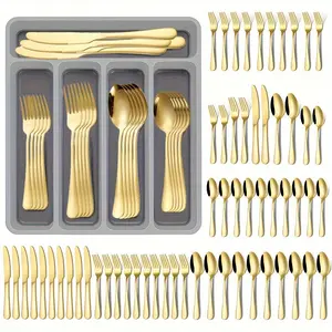 Stainless Steel Cutlery Set, 60pcs/set Including Knife, Fork, Spoon, Dessert Spoon, Tableware Set with Drawer Storage Box for Home Kitchen, Dinnerware Utensils, Dinnerware Service Set