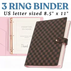 3 Ring Checkered Binder Letter - PU Leather 1 inch with 8.5 x 11 Inch Loose Leaf Note Paper