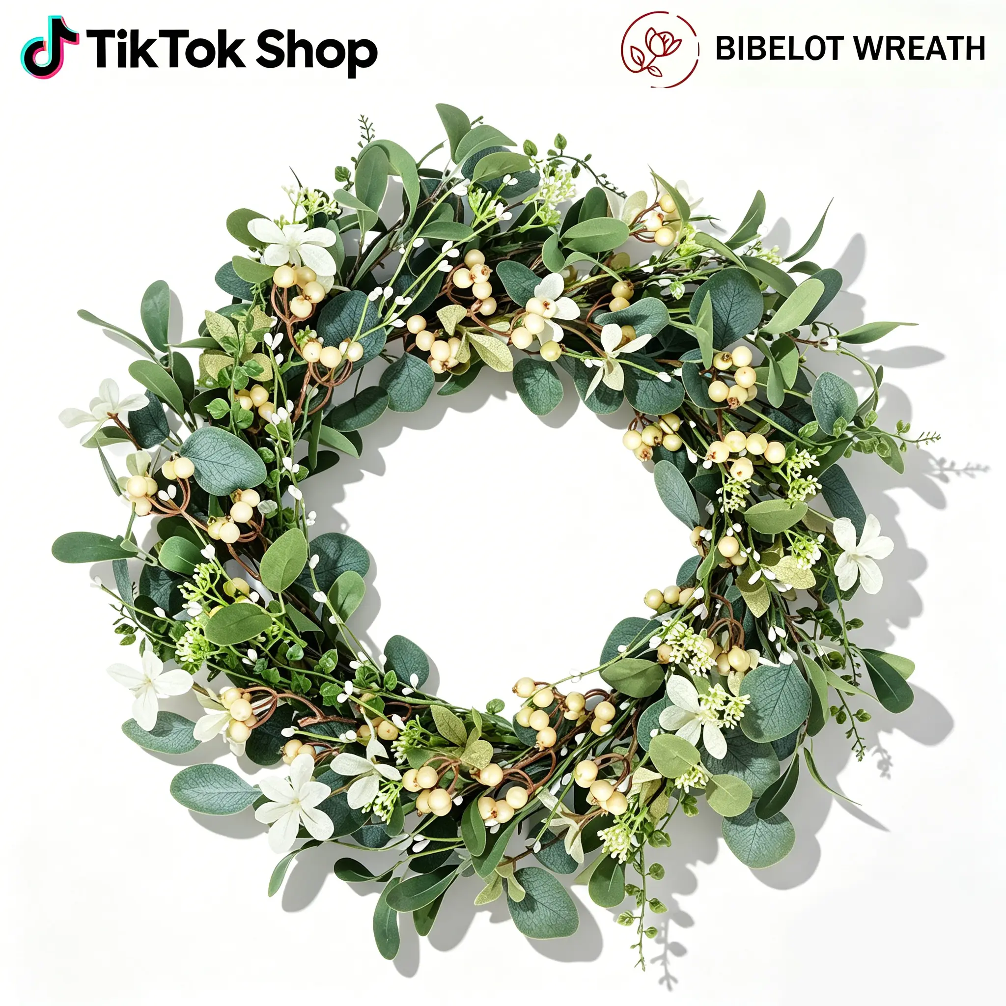 20 Inch Sprig wreath Artificial Eucalyptus Berry Wreath Green Leaf Summer Wreath for Front Door Wall Window Bedroom Decoration Party Hanging Ornament peony Wineglass Centerpiece Flowers party beach cabana Round Tree room