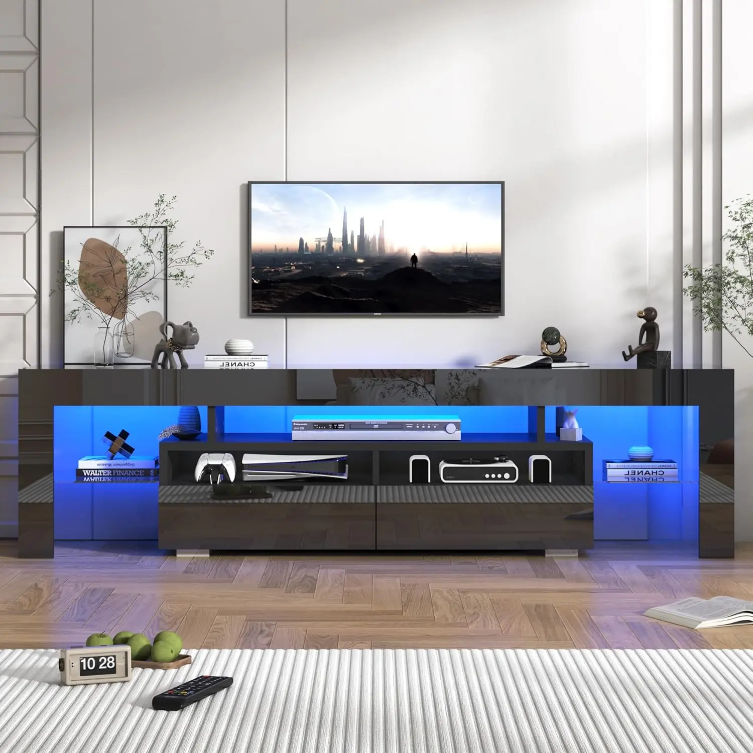 TV Stand with 16 Color LED Lights, Media Console with Drawer and Glass Open Shelf for 60/65/70/75/85/90/100 inch TV, Modern Gloss Entertainment Center for Living Room