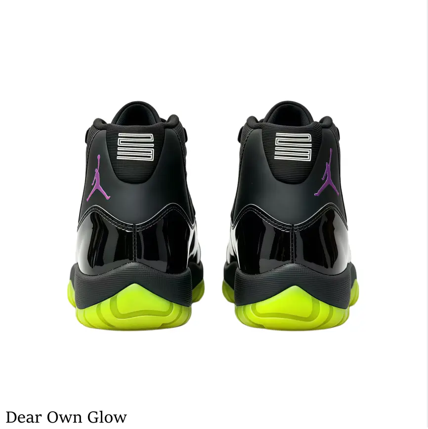 Black Gloss Patent Retro High Top Sneakers breathable mesh upper thick cushion pad for excellent impact absorption grippier neon yellow translucent sole for street style basketball daily wear sneaker collection with original packaging box